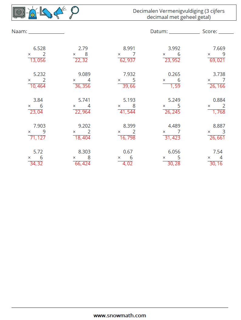 (25) Decimalen Vermenigvuldiging (3 cijfers decimaal met geheel getal) Wiskundige werkbladen 15 Vraag, Antwoord