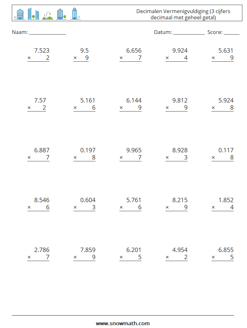 (25) Decimalen Vermenigvuldiging (3 cijfers decimaal met geheel getal) Wiskundige werkbladen 16
