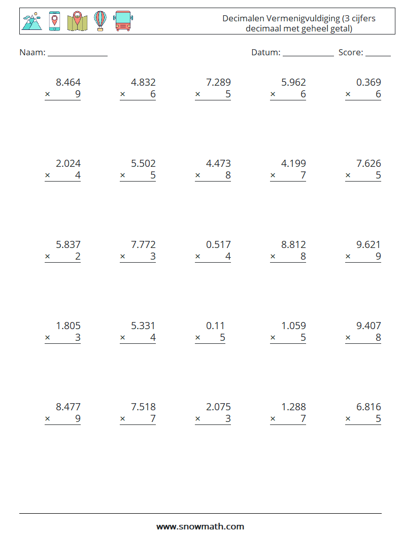 (25) Decimalen Vermenigvuldiging (3 cijfers decimaal met geheel getal) Wiskundige werkbladen 17