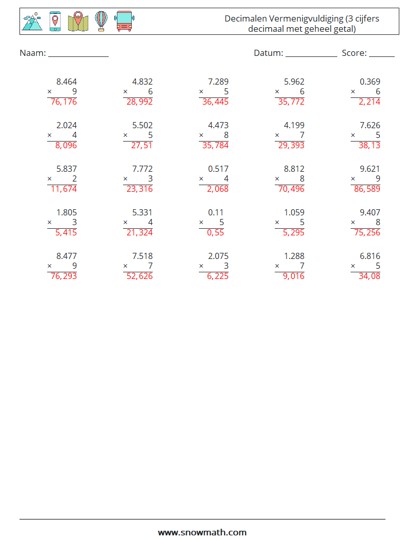 (25) Decimalen Vermenigvuldiging (3 cijfers decimaal met geheel getal) Wiskundige werkbladen 17 Vraag, Antwoord