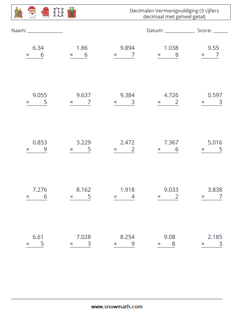 (25) Decimalen Vermenigvuldiging (3 cijfers decimaal met geheel getal) Wiskundige werkbladen 18