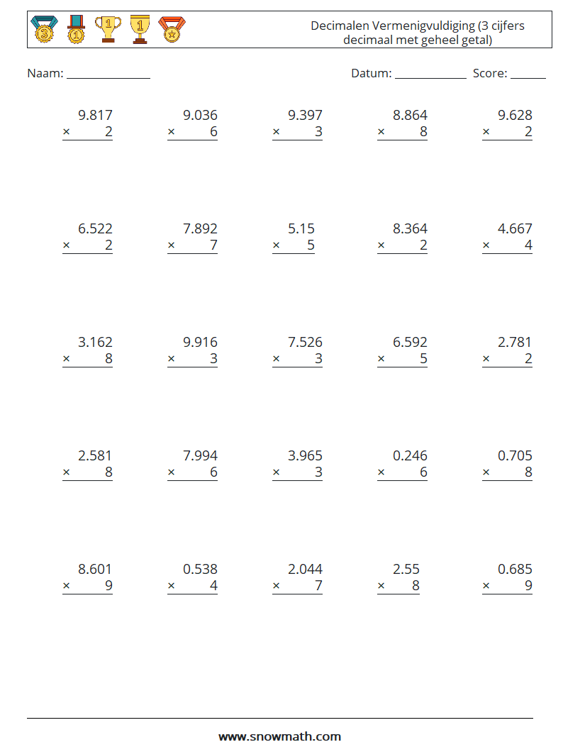 (25) Decimalen Vermenigvuldiging (3 cijfers decimaal met geheel getal) Wiskundige werkbladen 7