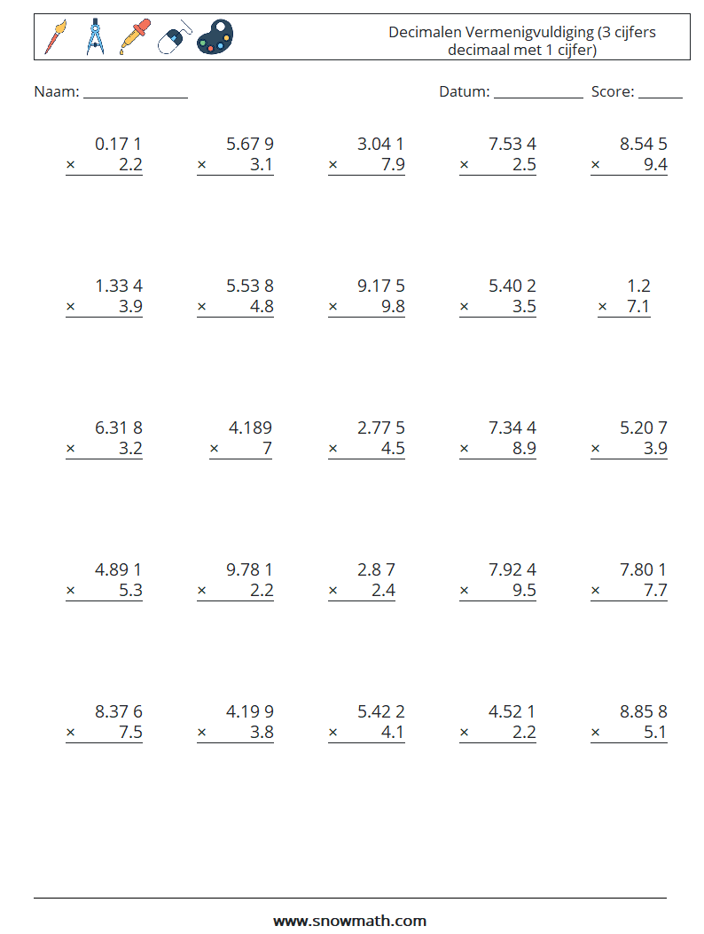 (25) Decimalen Vermenigvuldiging (3 cijfers decimaal met 1 cijfer) Wiskundige werkbladen 2