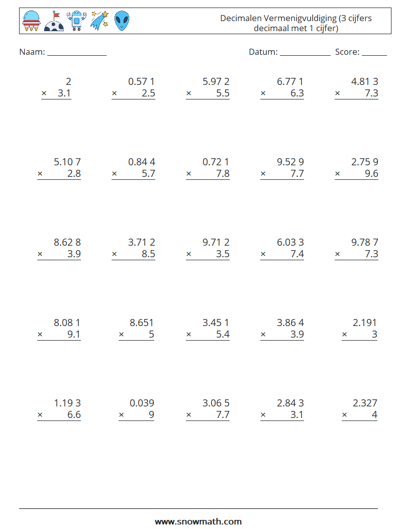 (25) Decimalen Vermenigvuldiging (3 cijfers decimaal met 1 cijfer) Wiskundige werkbladen 3