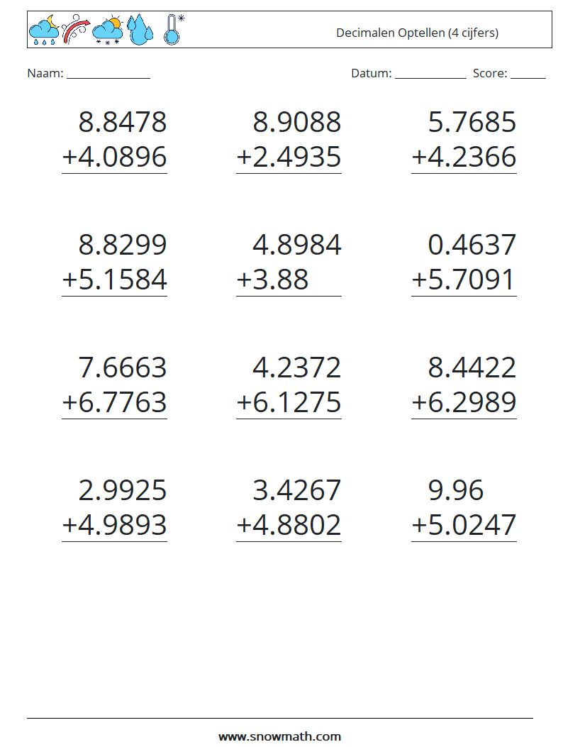 (12) Decimalen Optellen (4 cijfers)