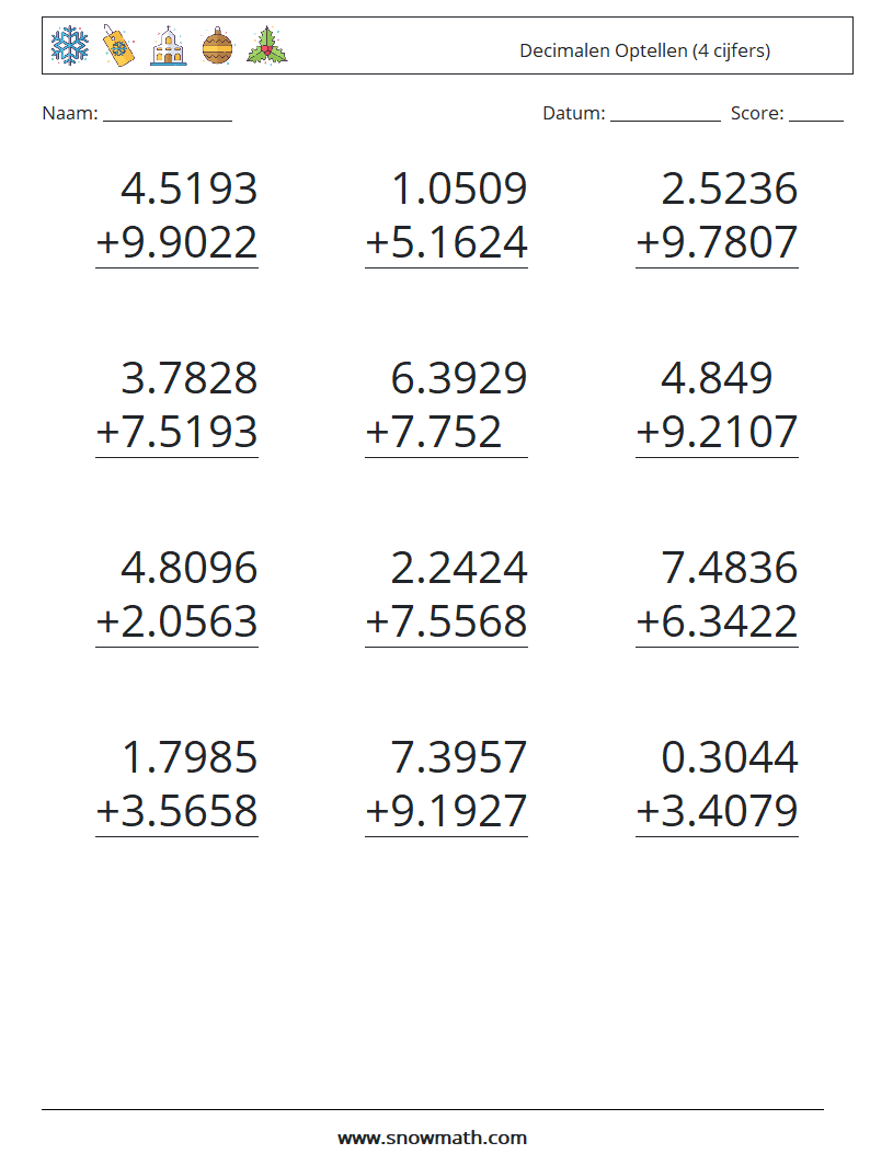 (12) Decimalen Optellen (4 cijfers) Wiskundige werkbladen 3