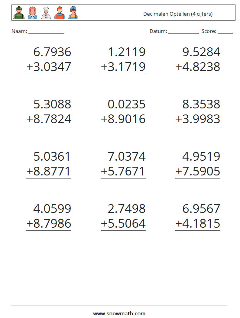 (12) Decimalen Optellen (4 cijfers) Wiskundige werkbladen 5