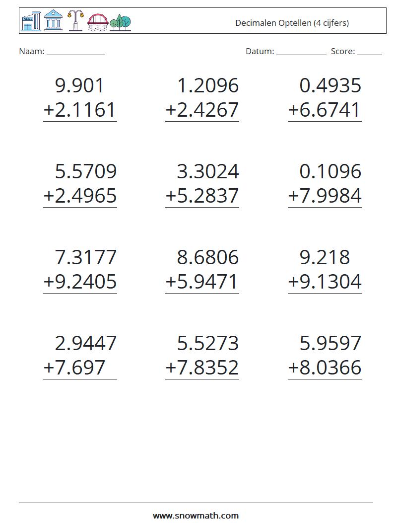 (12) Decimalen Optellen (4 cijfers) Wiskundige werkbladen 6