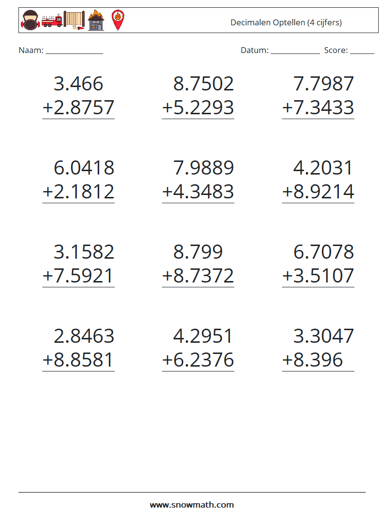 (12) Decimalen Optellen (4 cijfers) Wiskundige werkbladen 8