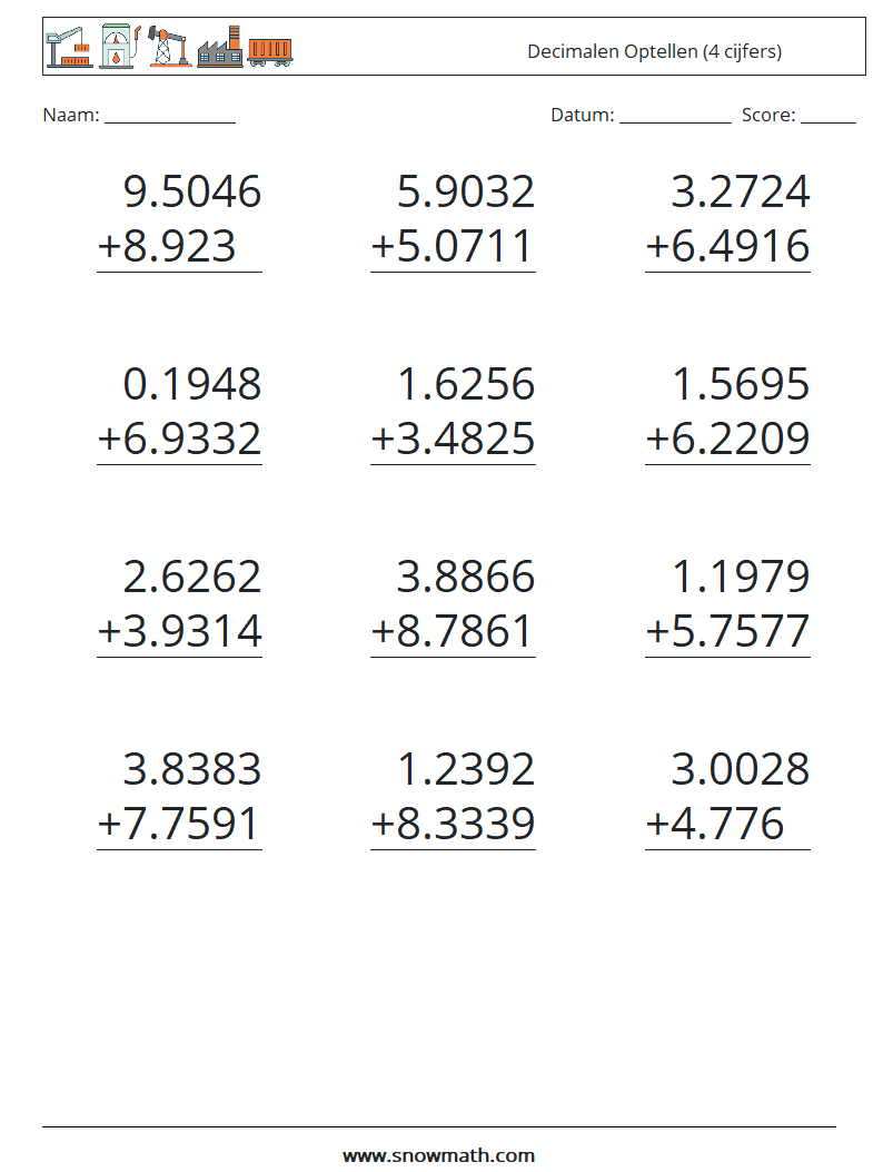 (12) Decimalen Optellen (4 cijfers) Wiskundige werkbladen 9