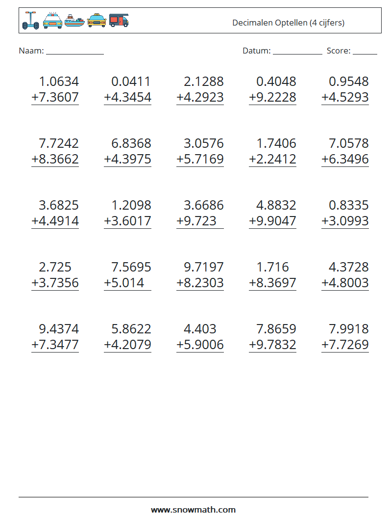 (25) Decimalen Optellen (4 cijfers)