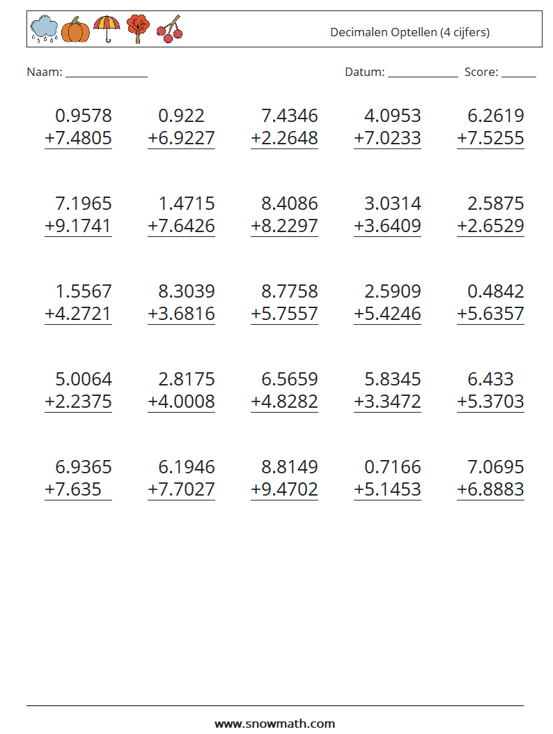 (25) Decimalen Optellen (4 cijfers) Wiskundige werkbladen 12