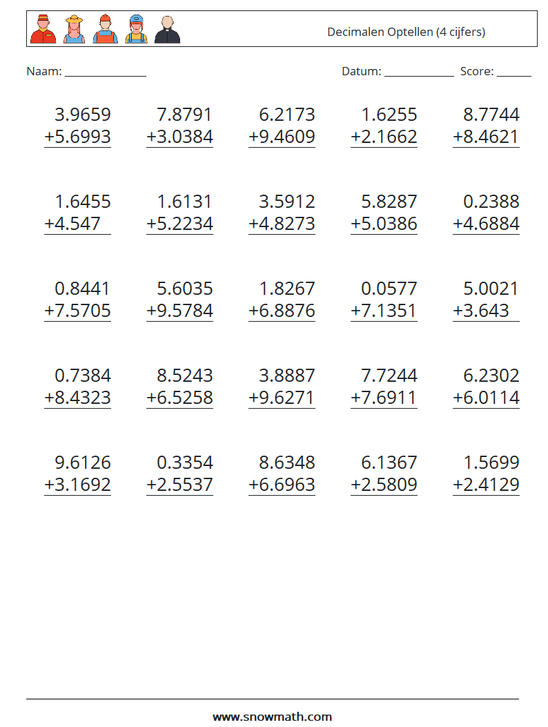 (25) Decimalen Optellen (4 cijfers) Wiskundige werkbladen 17
