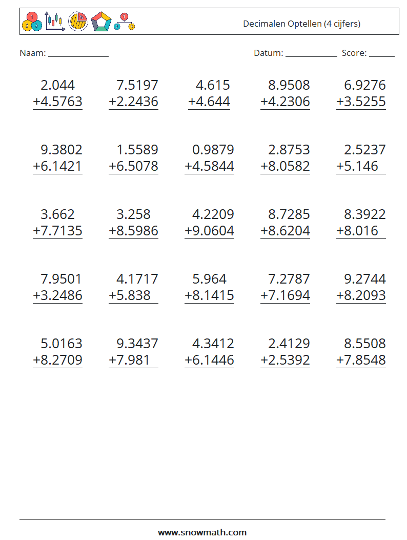 (25) Decimalen Optellen (4 cijfers) Wiskundige werkbladen 18
