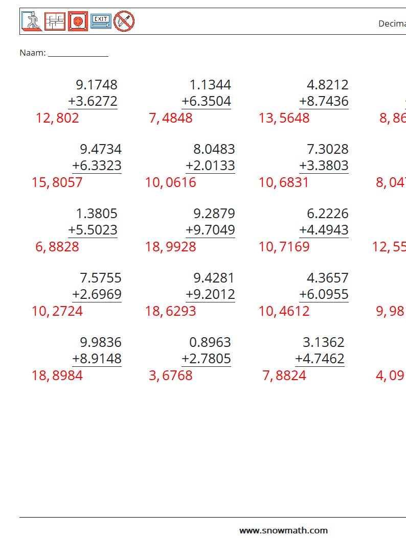 (25) Decimalen Optellen (4 cijfers) Wiskundige werkbladen 2 Vraag, Antwoord