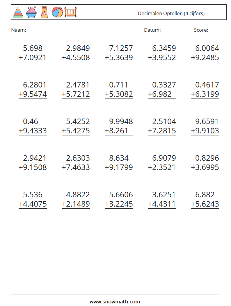 (25) Decimalen Optellen (4 cijfers) Wiskundige werkbladen 4