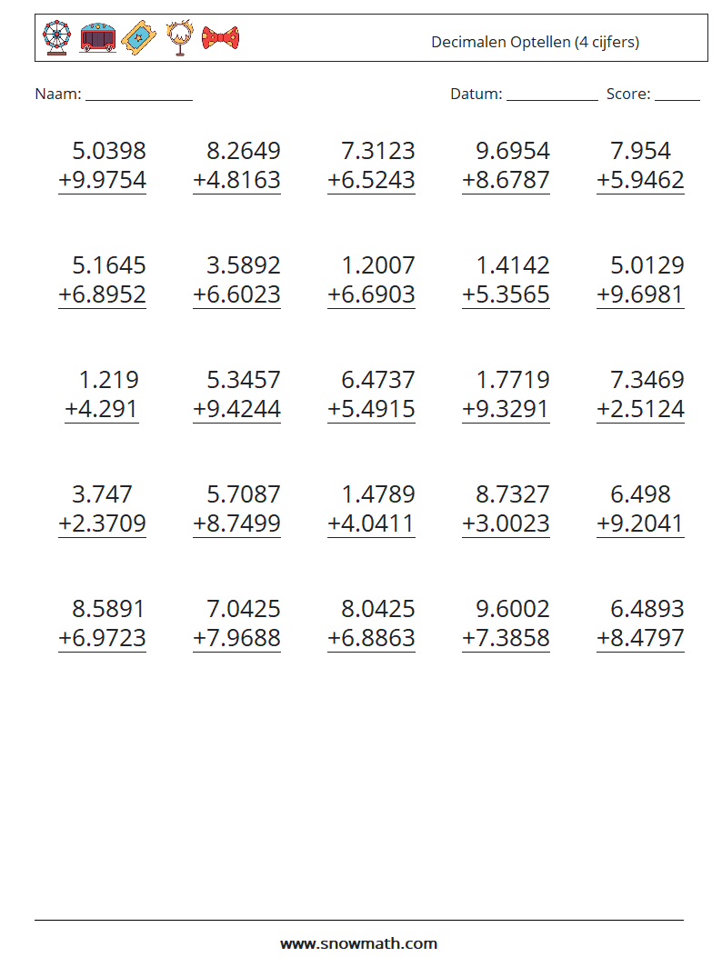 (25) Decimalen Optellen (4 cijfers) Wiskundige werkbladen 6