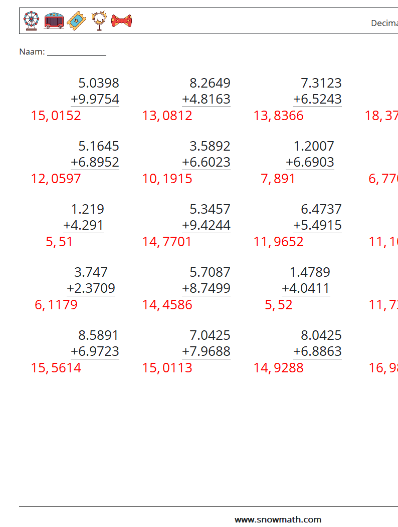 (25) Decimalen Optellen (4 cijfers) Wiskundige werkbladen 6 Vraag, Antwoord