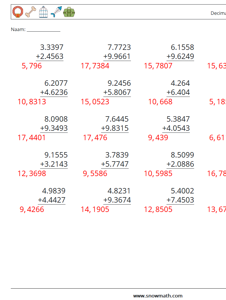 (25) Decimalen Optellen (4 cijfers) Wiskundige werkbladen 7 Vraag, Antwoord