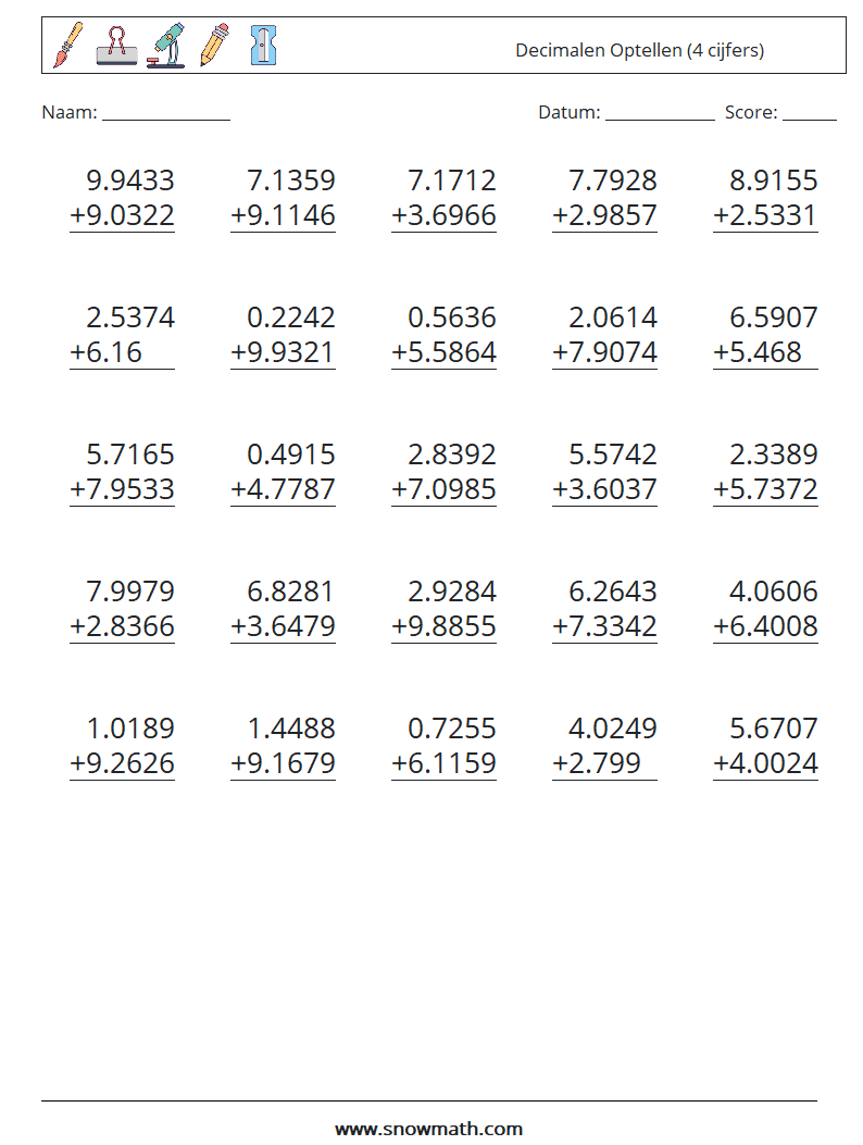 (25) Decimalen Optellen (4 cijfers) Wiskundige werkbladen 8