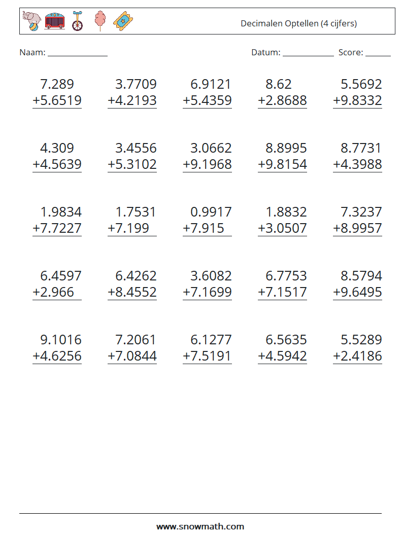 (25) Decimalen Optellen (4 cijfers) Wiskundige werkbladen 9