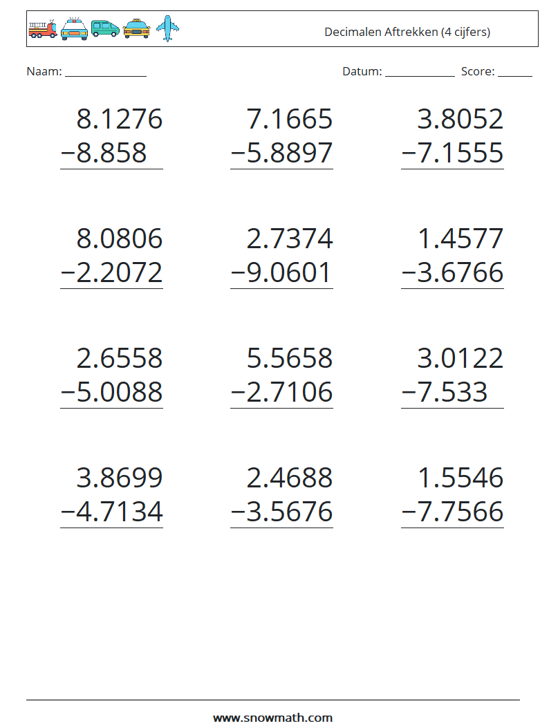 (12) Decimalen Aftrekken (4 cijfers)