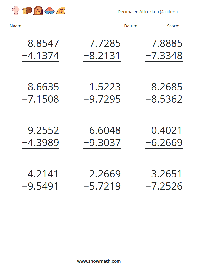 (12) Decimalen Aftrekken (4 cijfers) Wiskundige werkbladen 11