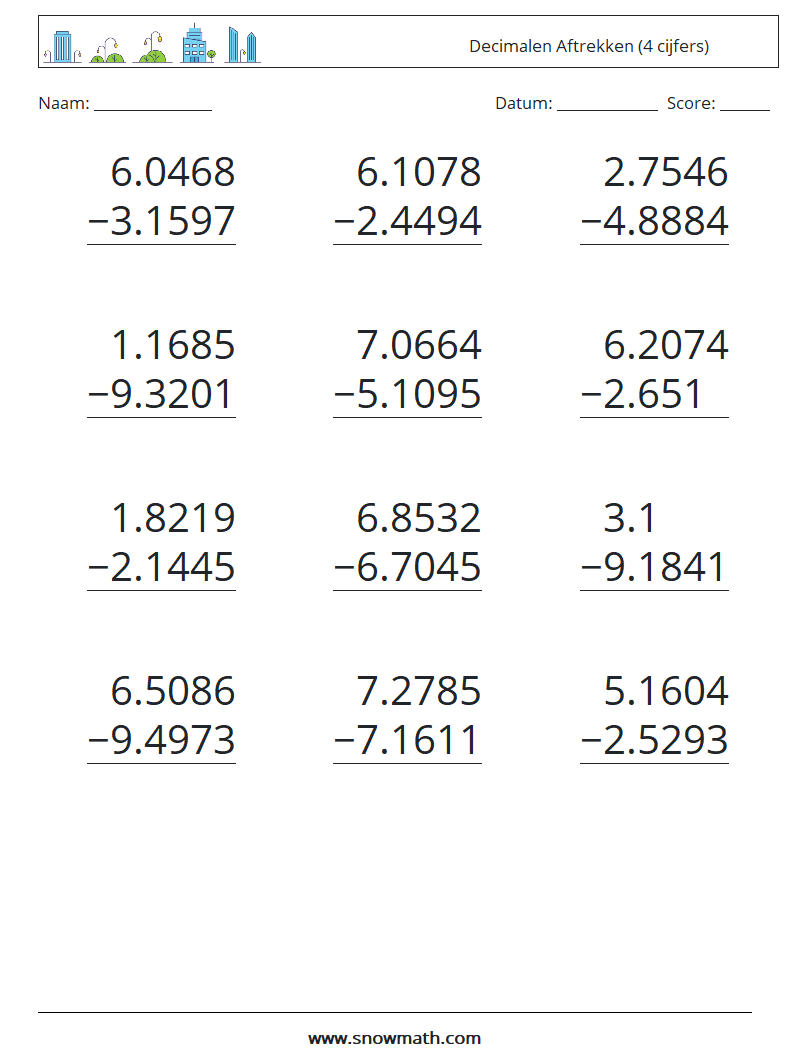(12) Decimalen Aftrekken (4 cijfers) Wiskundige werkbladen 12