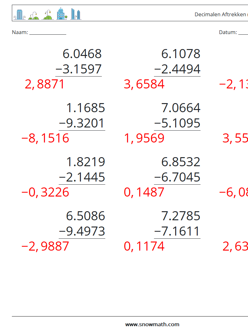 (12) Decimalen Aftrekken (4 cijfers) Wiskundige werkbladen 12 Vraag, Antwoord