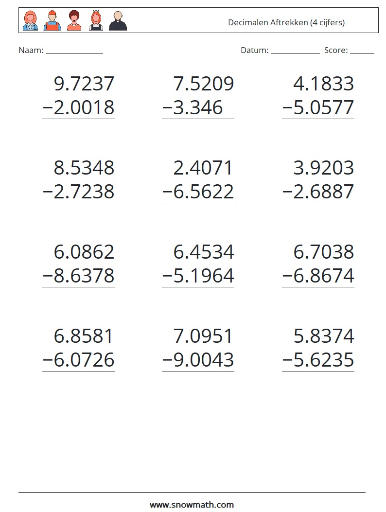(12) Decimalen Aftrekken (4 cijfers) Wiskundige werkbladen 13