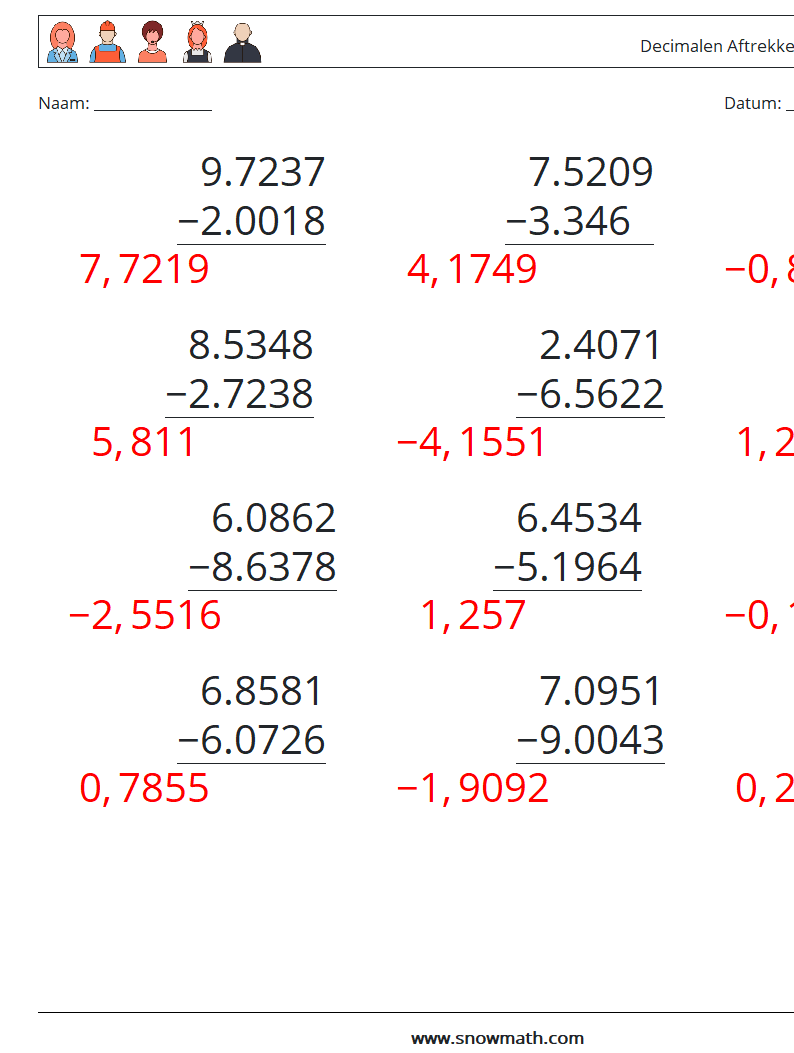 (12) Decimalen Aftrekken (4 cijfers) Wiskundige werkbladen 13 Vraag, Antwoord