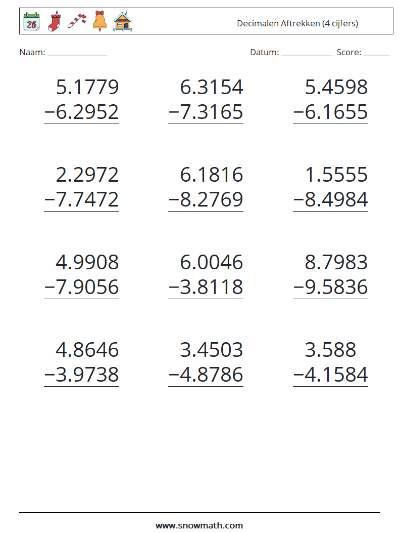 (12) Decimalen Aftrekken (4 cijfers) Wiskundige werkbladen 14