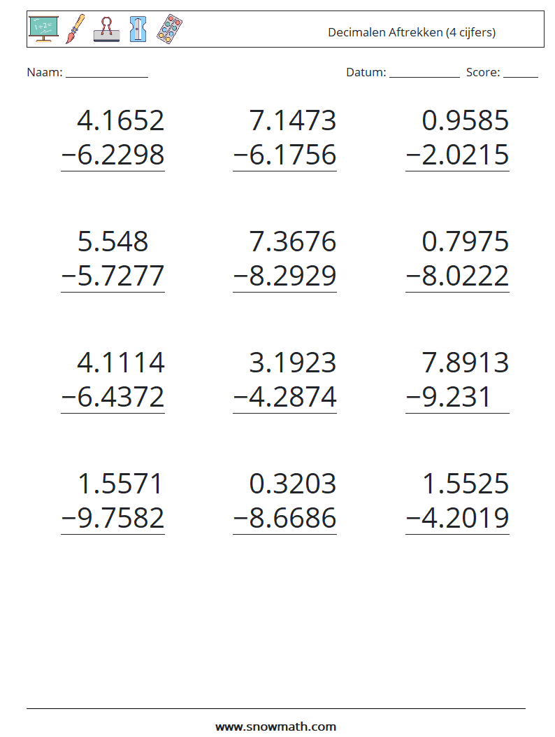 (12) Decimalen Aftrekken (4 cijfers) Wiskundige werkbladen 15