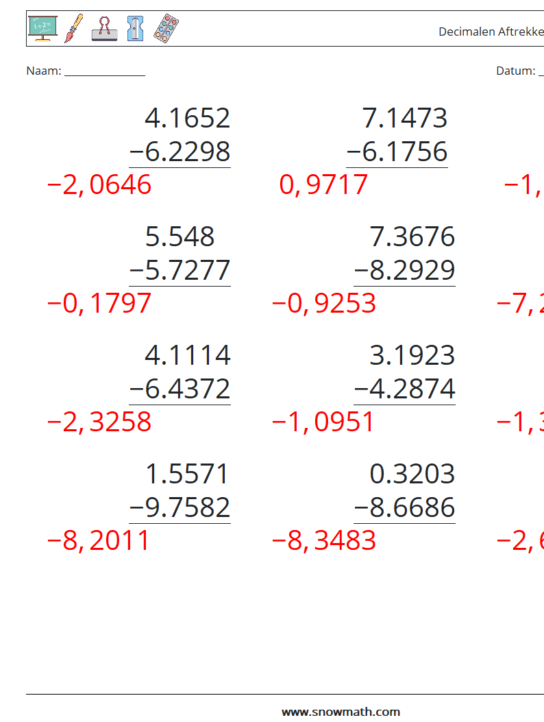 (12) Decimalen Aftrekken (4 cijfers) Wiskundige werkbladen 15 Vraag, Antwoord