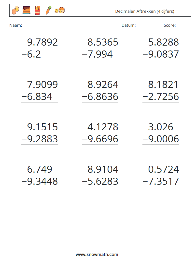 (12) Decimalen Aftrekken (4 cijfers) Wiskundige werkbladen 16