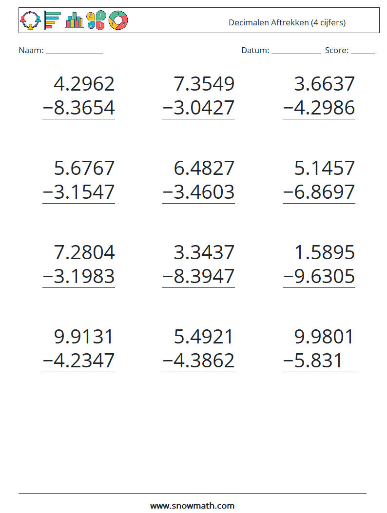 (12) Decimalen Aftrekken (4 cijfers) Wiskundige werkbladen 17