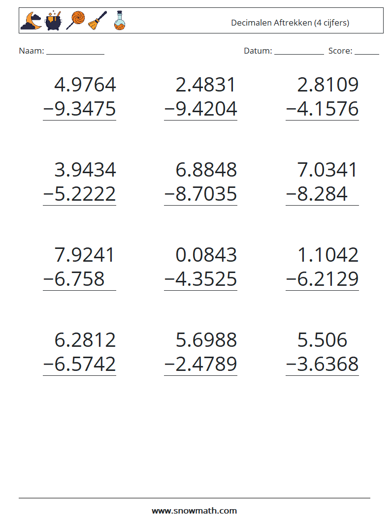 (12) Decimalen Aftrekken (4 cijfers) Wiskundige werkbladen 18