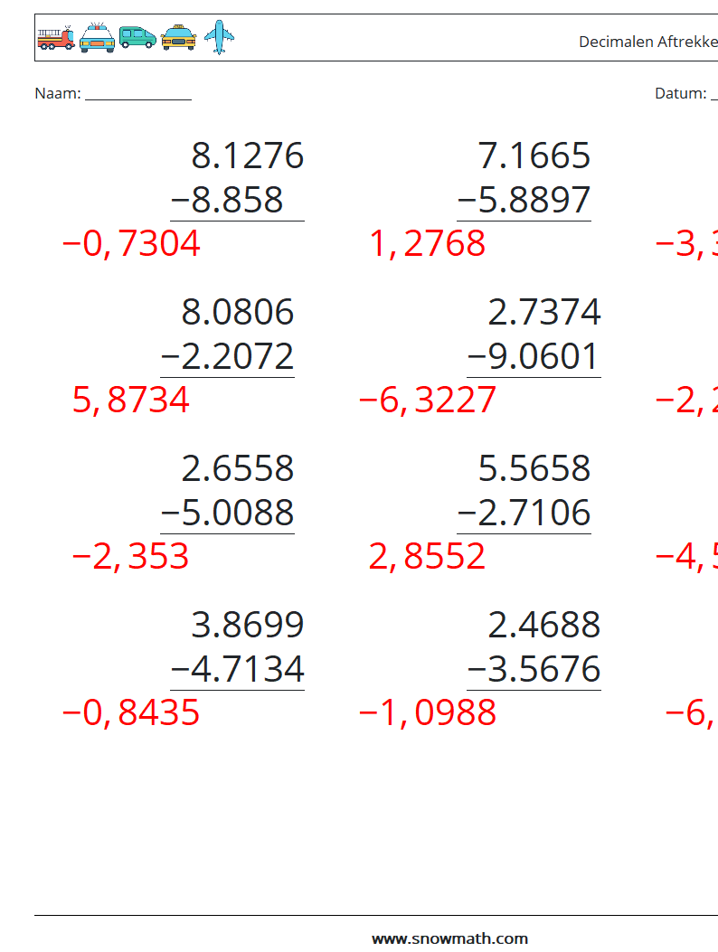 (12) Decimalen Aftrekken (4 cijfers) Wiskundige werkbladen 1 Vraag, Antwoord