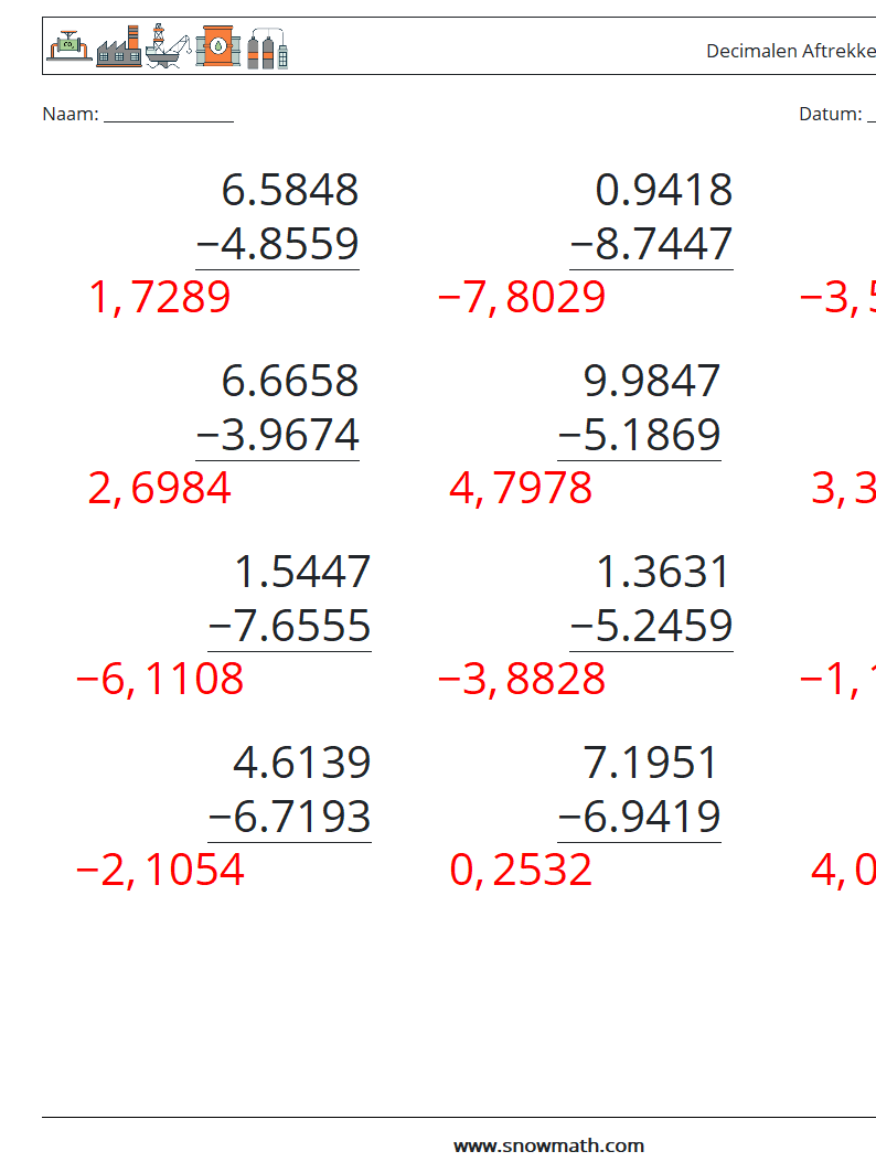 (12) Decimalen Aftrekken (4 cijfers) Wiskundige werkbladen 2 Vraag, Antwoord
