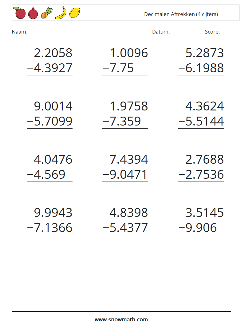 (12) Decimalen Aftrekken (4 cijfers) Wiskundige werkbladen 3