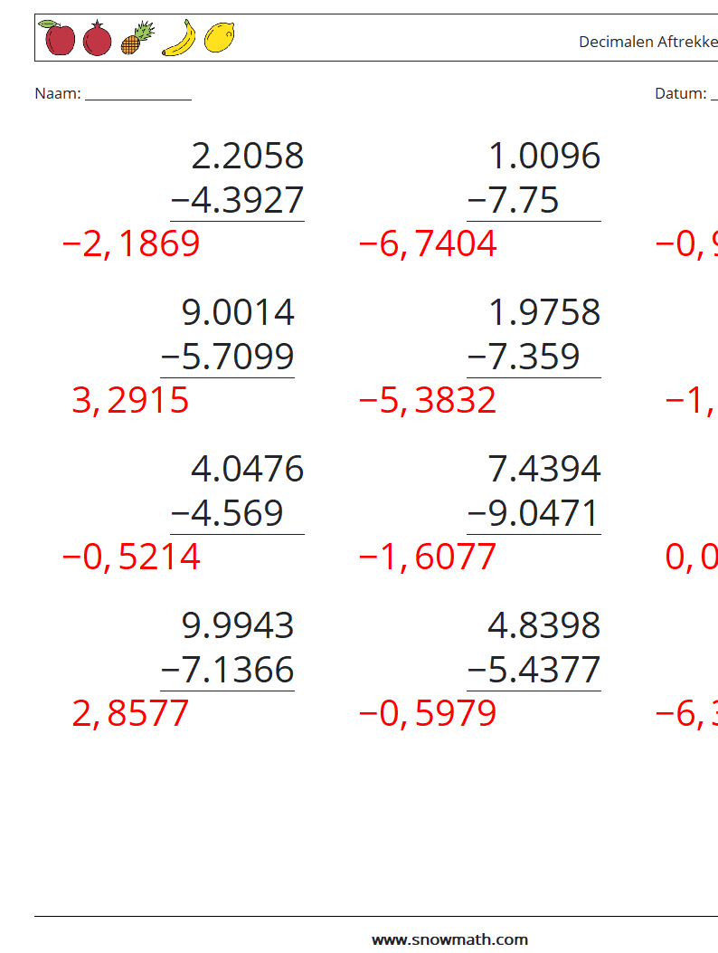 (12) Decimalen Aftrekken (4 cijfers) Wiskundige werkbladen 3 Vraag, Antwoord