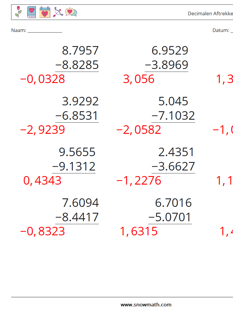 (12) Decimalen Aftrekken (4 cijfers) Wiskundige werkbladen 5 Vraag, Antwoord