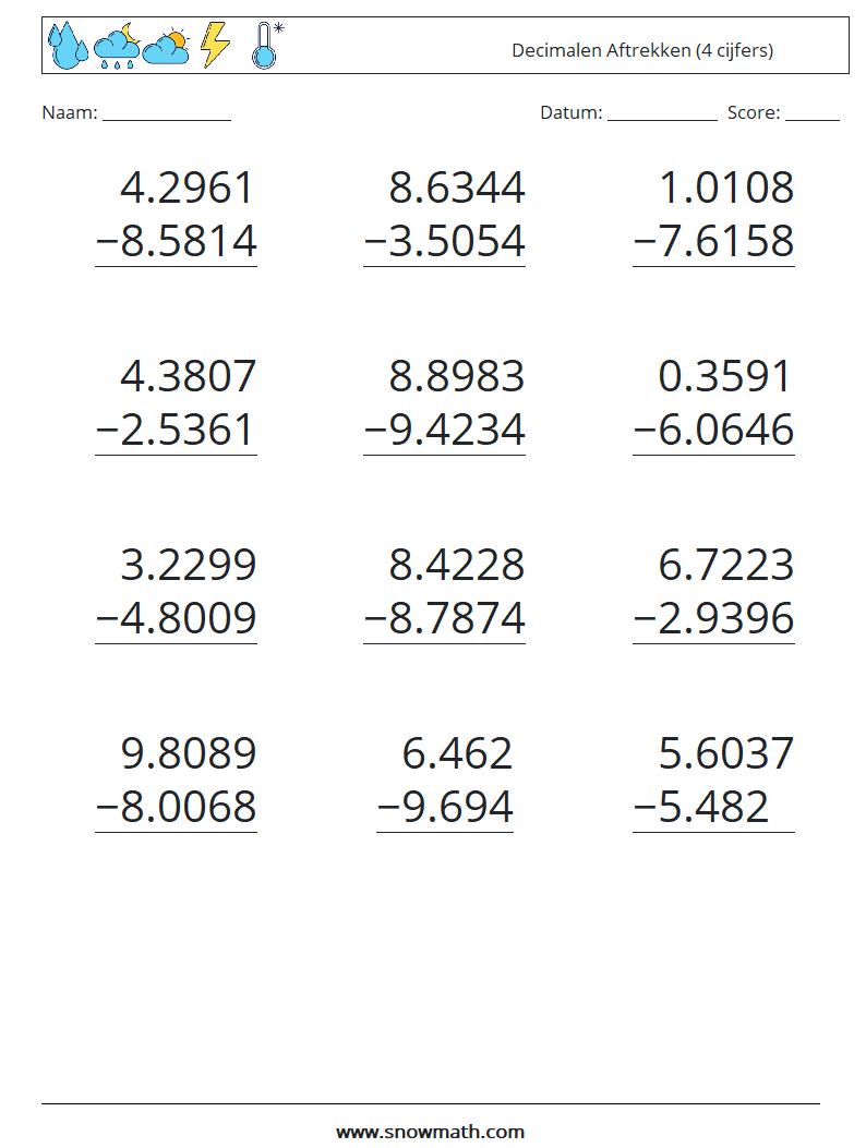 (12) Decimalen Aftrekken (4 cijfers) Wiskundige werkbladen 6
