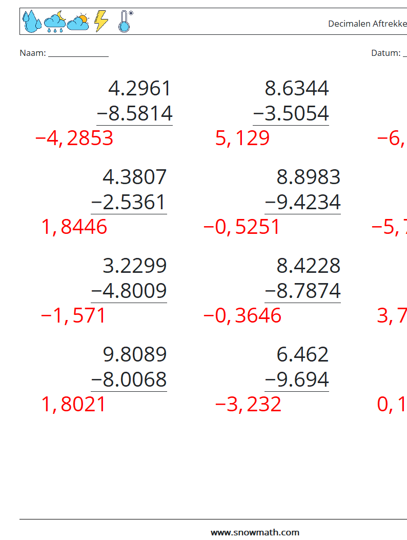 (12) Decimalen Aftrekken (4 cijfers) Wiskundige werkbladen 6 Vraag, Antwoord