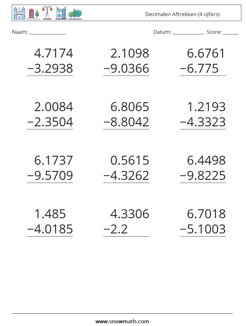 (12) Decimalen Aftrekken (4 cijfers) Wiskundige werkbladen 7