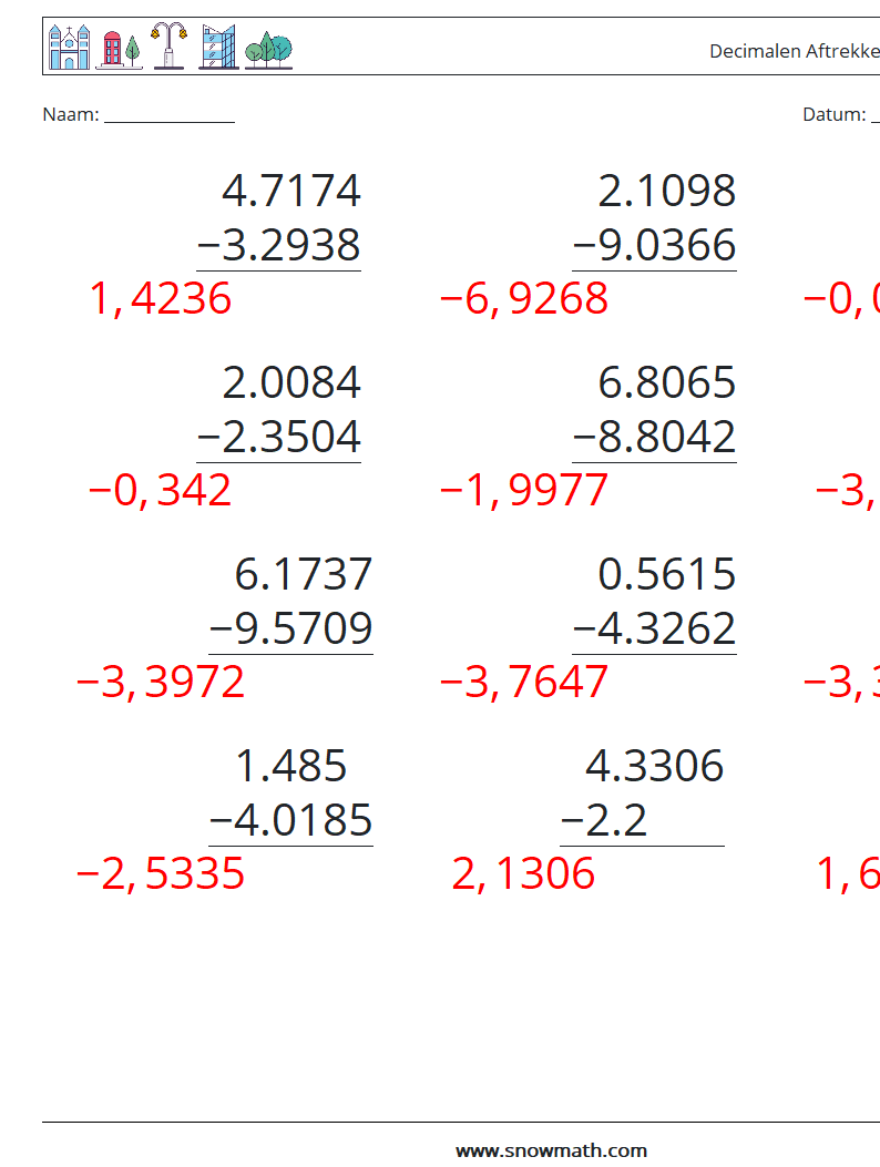 (12) Decimalen Aftrekken (4 cijfers) Wiskundige werkbladen 7 Vraag, Antwoord