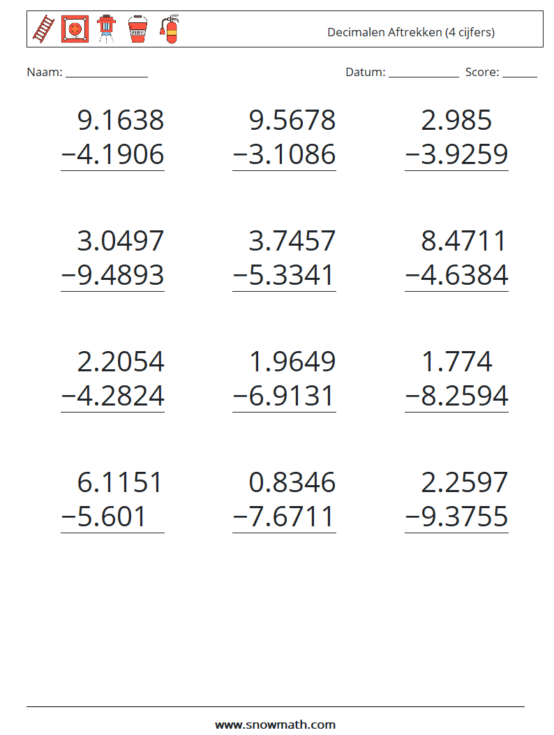 (12) Decimalen Aftrekken (4 cijfers) Wiskundige werkbladen 9