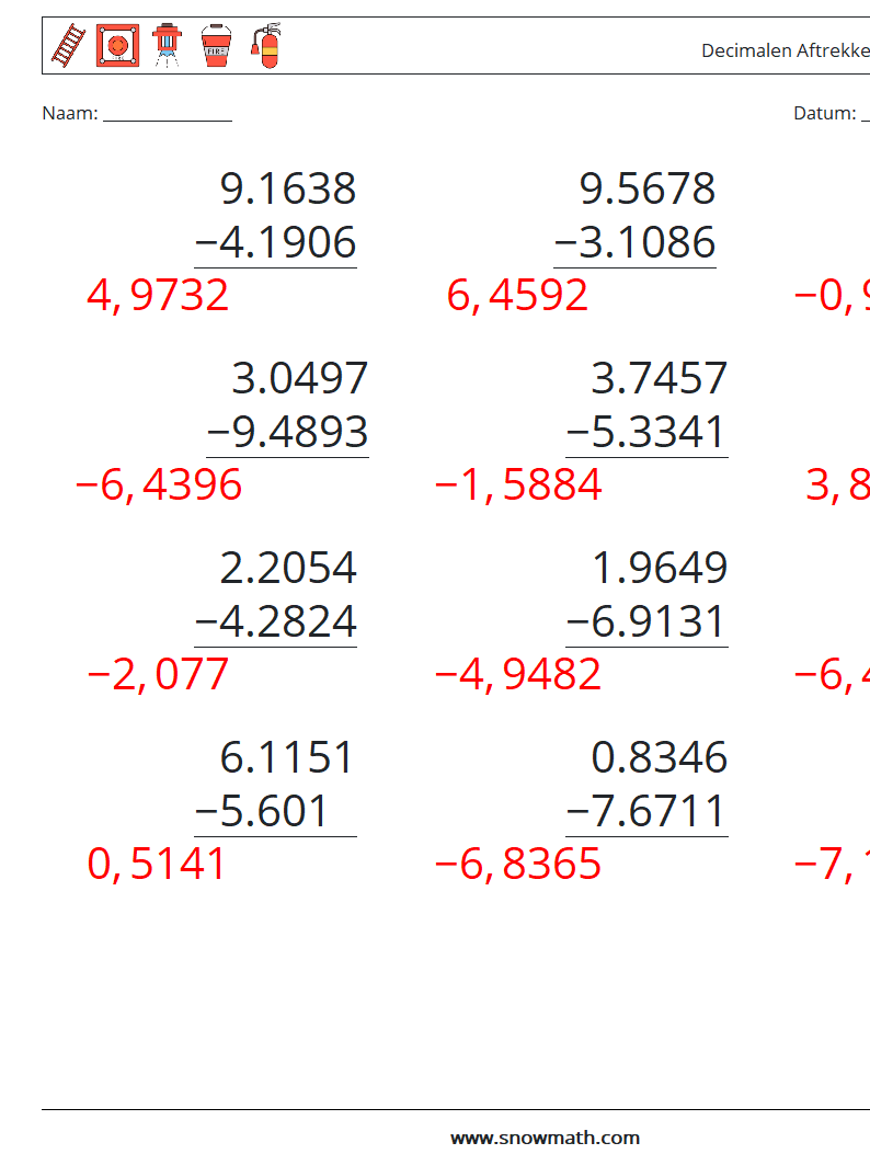(12) Decimalen Aftrekken (4 cijfers) Wiskundige werkbladen 9 Vraag, Antwoord