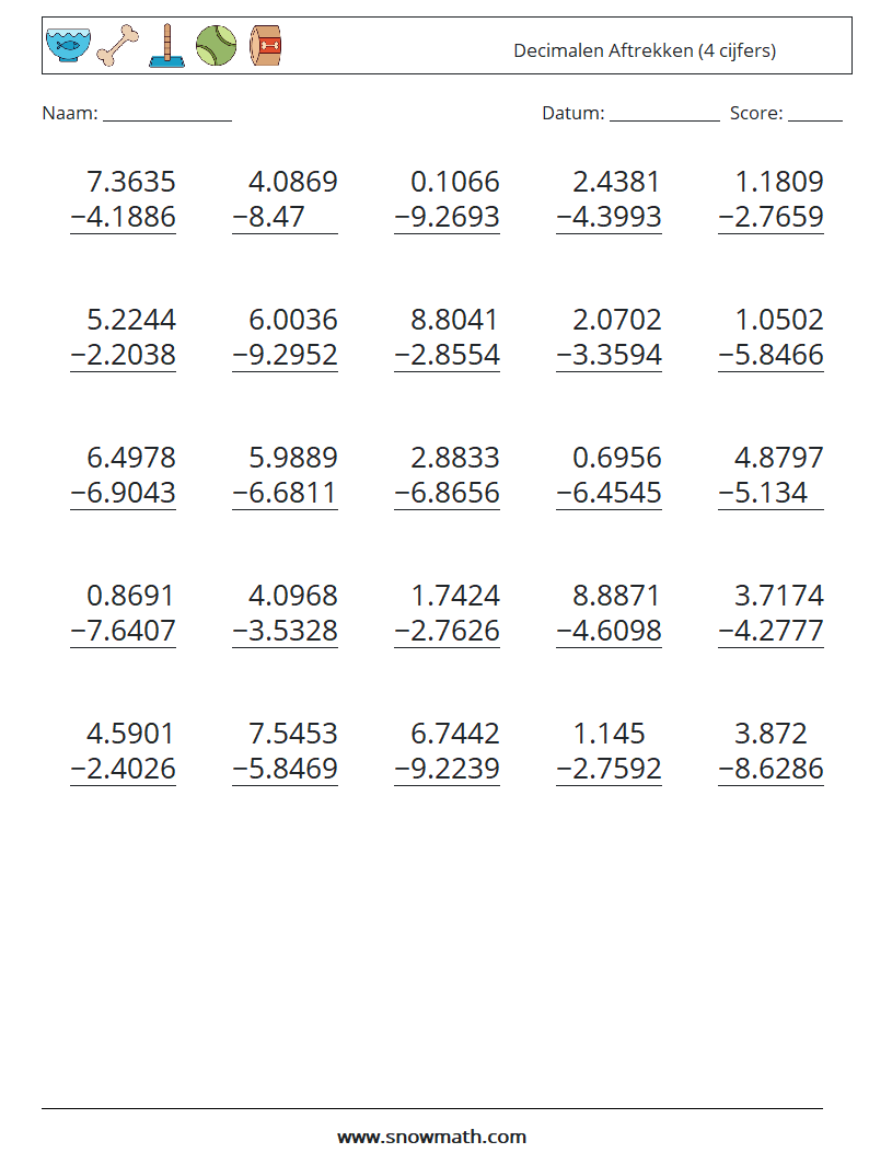 (25) Decimalen Aftrekken (4 cijfers)