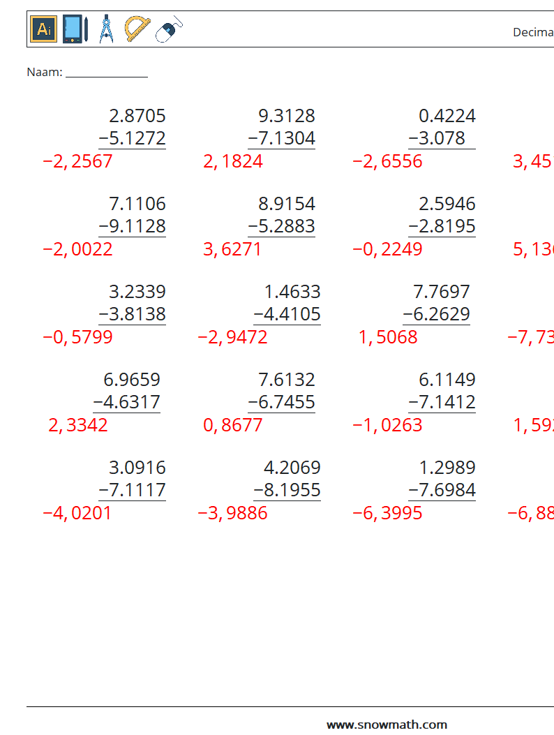 (25) Decimalen Aftrekken (4 cijfers) Wiskundige werkbladen 11 Vraag, Antwoord